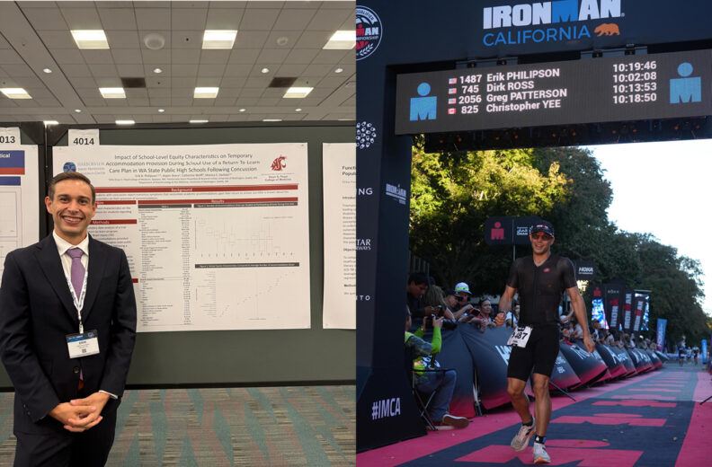 Split image showing two scenes. On the left, a person in formal attire stands in front of a large academic research poster displayed on a gray partition wall at a conference. The poster includes charts and text with the Washington State University logo visible. On the right, a person wearing athletic gear crosses the finish line at an Ironman California event, with a digital leaderboard overhead displaying participant names and times.