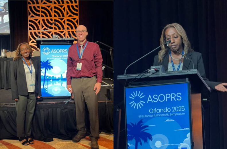 Split image showing two scenes from a conference. On the left, two individuals stand in front of a podium with a digital sign displaying the ASOPRS logo and text: 'Orlando 2025, 56th Annual Fall Scientific Symposium,' with a blue background featuring palm trees and a city skyline. On the right, a speaker stands behind a podium with the same ASOPRS sign, speaking into a microphone.