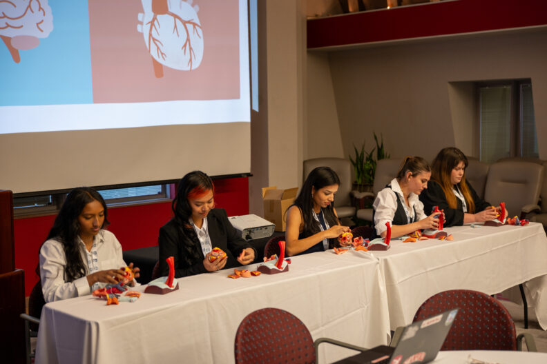 Five individuals seated on stage work with anatomical heart models during a hands-on demonstration. A large screen behind them shows heart anatomy illustrations.