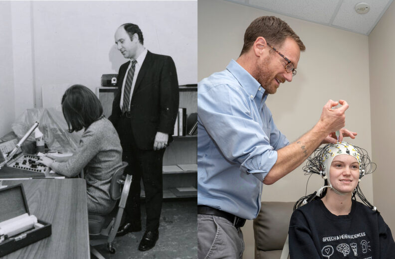 Split image showing historical and modern scenes of scientific research. On the left, a black-and-white photo features a person seated at a desk operating vintage electronic equipment, with another person standing nearby. On the right, a color photo shows a contemporary setting where a person adjusts electrodes on another individual wearing a wired cap, likely for neurological or brain activity monitoring.