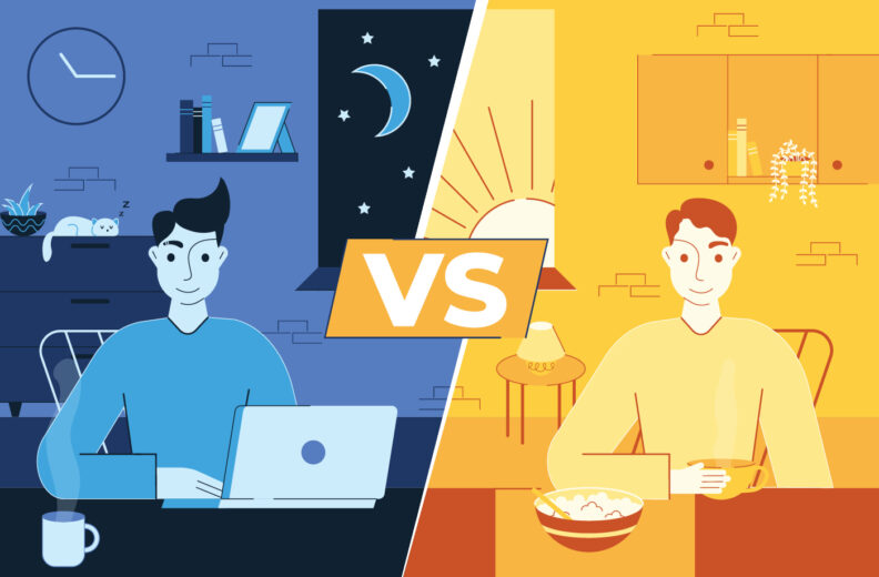 Illustration split into two halves with a ‘VS’ in the center. The left side shows a nighttime setting with a person working on a laptop, a clock, books, and a sleeping cat, all in blue tones. The right side shows a morning setting with a person eating breakfast and drinking from a cup, with bright yellow tones, a sun rising through the window, and kitchen cabinets in the background.