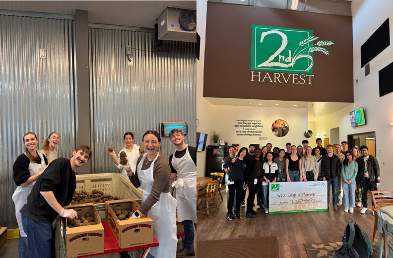 A split image showing two scenes at a volunteer event. On the left, several people wearing aprons sort and pack potatoes into boxes inside a warehouse with corrugated metal walls. On the right, a large group poses together indoors beneath a sign that reads “2nd Harvest.” The group is holding an oversized check with the text “WSU College of Medicine” and an amount of $1,000. The setting includes tables and chairs in a community space.