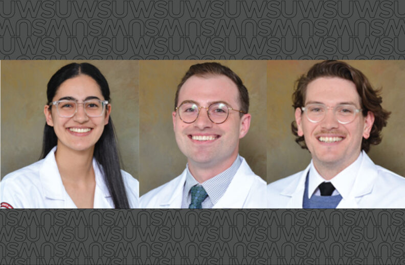 Three individuals wearing white medical coats are posed side by side against a neutral background. Each person is dressed professionally, with collared shirts and ties visible on two of them. The image has a patterned overlay featuring repeated “WSU” text in gray tones.
