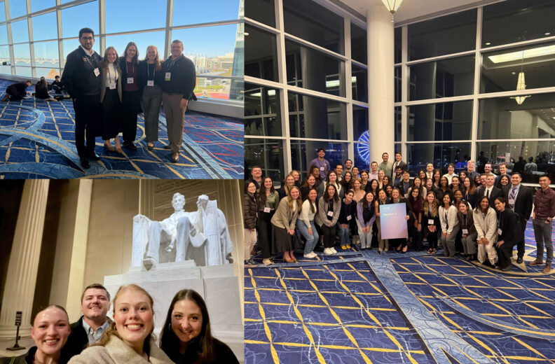 A collage of three photos from an event. The top left photo shows a small group of people standing together in a bright indoor space with large windows and a patterned blue carpet. The top right photo features a large group gathered in a spacious venue with tall windows and blue-and-gold patterned flooring, posing around a sign. The bottom photo shows several individuals standing in front of the Lincoln Memorial statue.