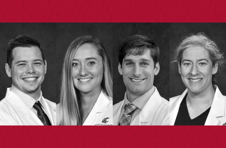 Black-and-white photo collage of four individuals arranged in a 2x2 grid, each wearing a collared shirt against a dark studio backdrop and a red WSU logo as a frame.