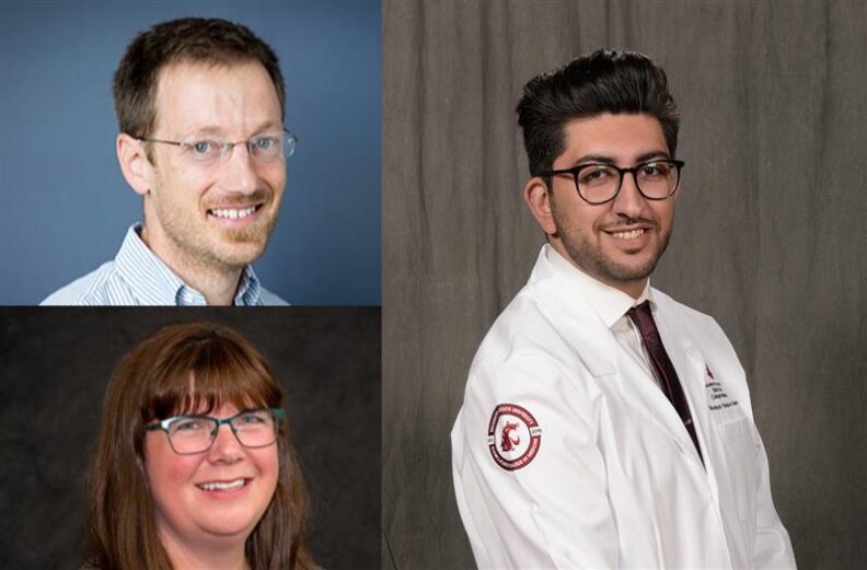 A collage of three professional portraits. The top left shows a person wearing a light blue button-up shirt against a blue background. The bottom left features a person with long brown hair wearing a dark top against a dark backdrop. On the right, a person is dressed in a white lab coat with a Washington State University College of Medicine patch on the sleeve, standing against a gray background.