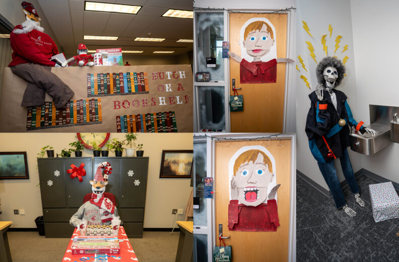 A collage of holiday-themed office decorations: a desk display with a mannequin in festive clothes and a sign reading “Stitch on a Bookshelf,” two decorated doors with large hand-drawn faces, and a skeleton dressed in holiday attire at a table with gifts. Another mannequin stands near a water fountain with yellow lightning bolt cutouts on the wall.