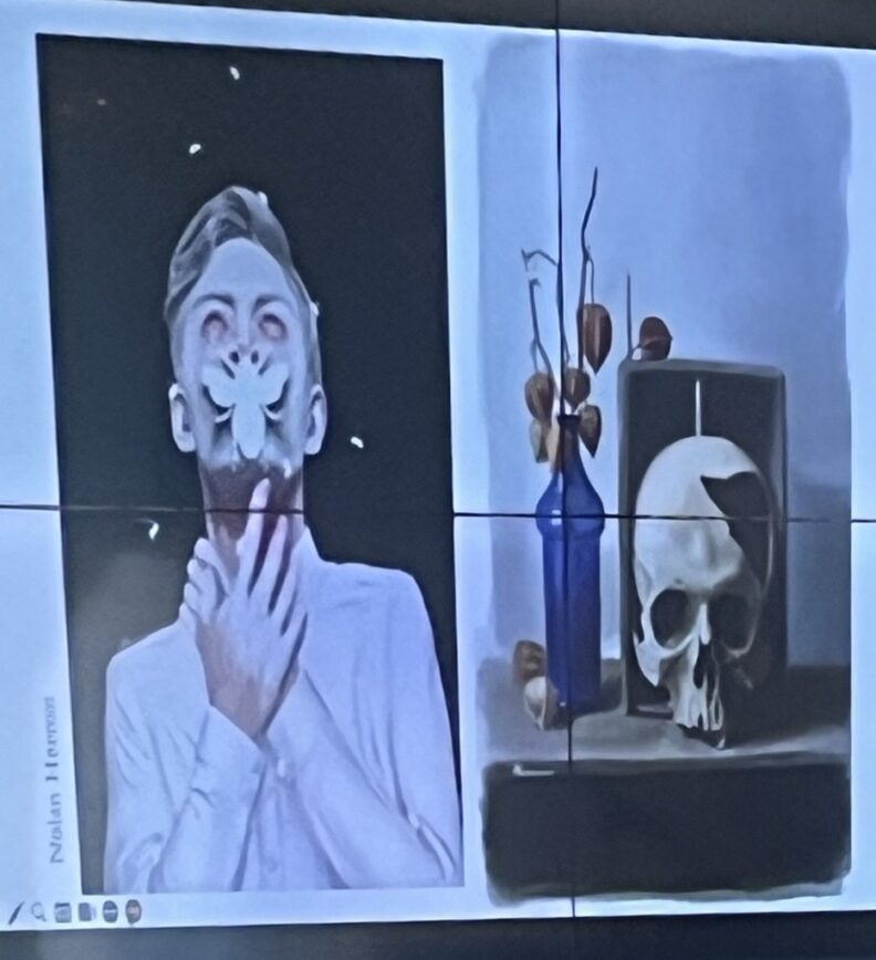 Projected artwork showing two images side by side: on the left, a stylized portrait of a person in a white shirt with a large white flower covering the mouth area; on the right, a still-life painting featuring a human skull, a tall blue bottle, and dried branches arranged against a muted background.