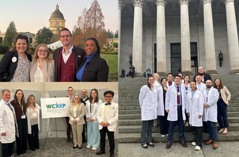 A collage of three photos featuring groups of people participating in an advocacy or professional event at the Washington State Capitol. The top-left photo shows a small group standing outdoors with the Capitol building and fall trees in the background. The bottom-left photo shows a group posing indoors beside a sign for WCXAP Washington Chapter. The right photo features a group standing on the Capitol steps in front of large stone columns, with several individuals wearing white coats.