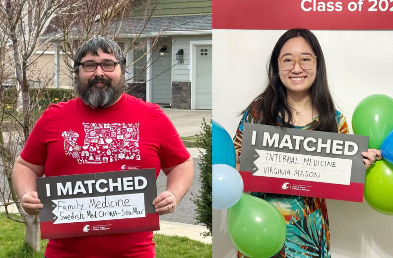 Jasen Valenzuela and Nhi Nguyen holding I matched signs.