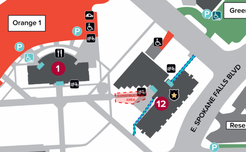 Spokane campus map showing the construction area between the SAC and Medicine Building.