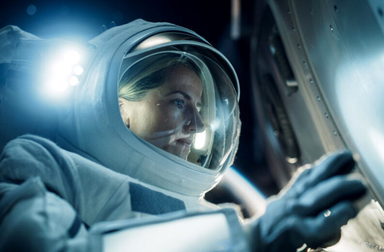 An astronaut wearing a white spacesuit and helmet floats inside a spacecraft, reaching toward a circular window with Earth visible beyond.