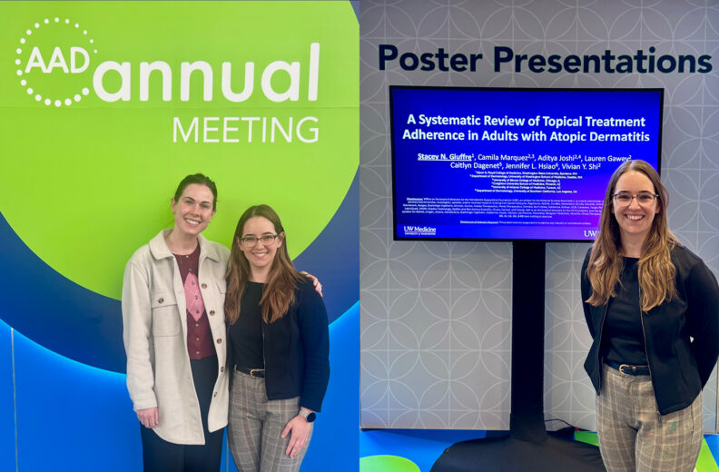 Two women pose at the AAD Annual Meeting, with a research poster displayed on a screen beside them.