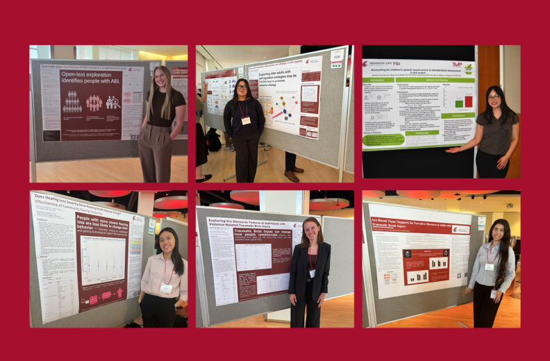 A collage of six photos showing individuals standing beside academic research posters displayed on poster boards at an indoor conference or symposium. Each poster includes charts, graphs, and text, and the posters are arranged in two rows against a red background.