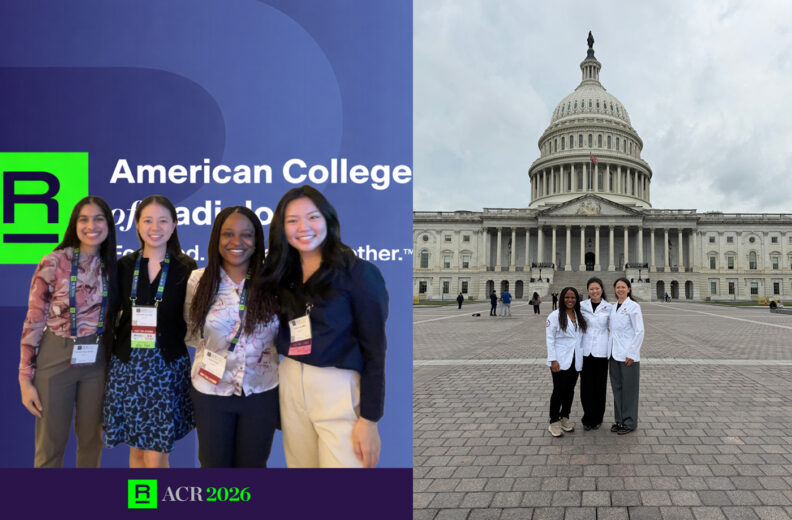 Two images side by side. One with a group of four medical students smiling. The other image is a group photo of 3 medical students smiling.