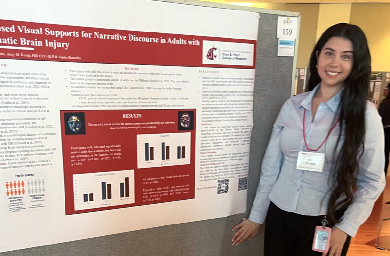 Consuelo Munguia next to her poster at the Showcase for Undergraduate Research and Creative Activities.