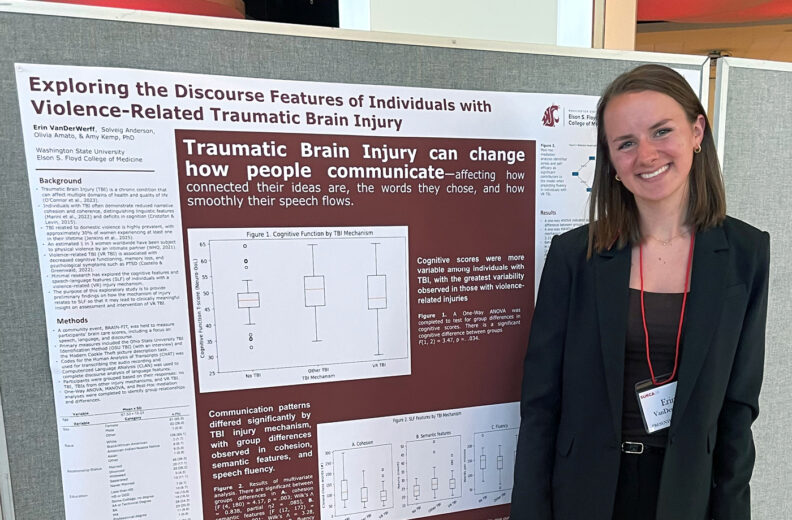 Erin Brouwer next to her poster at the Showcase for Undergraduate Research and Creative Activities.