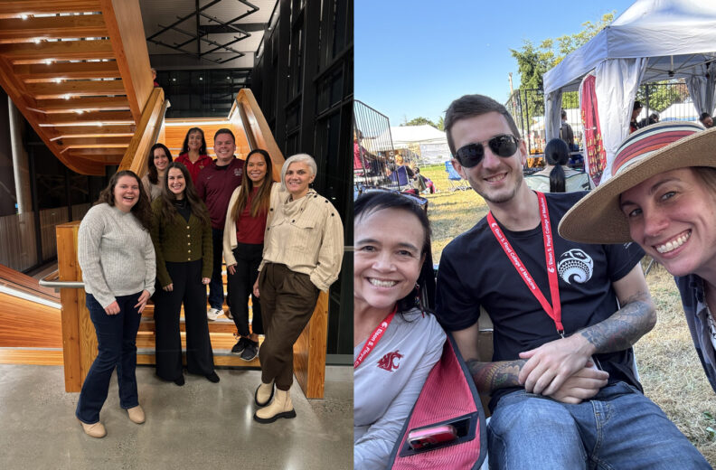 Side-by-side photos showing community engagement and research participation. The left photo shows seven people posing on a wooden staircase inside a modern building. The right photo shows three people sitting together outdoors at a community event, wearing event lanyards and seated near vendor tents.