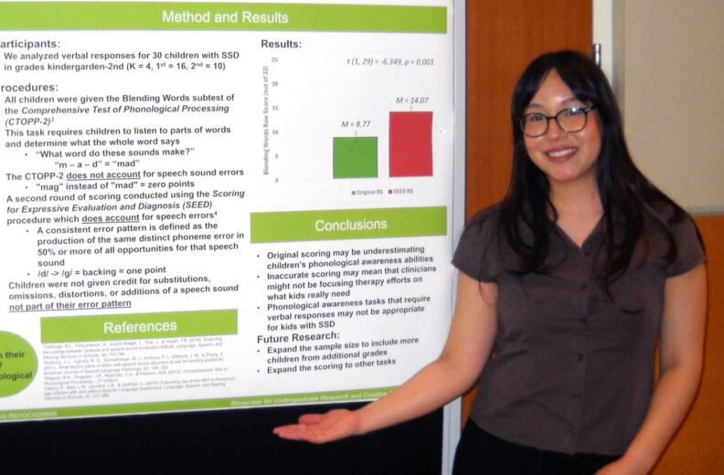 Jennifer Perez next to her poster at the Showcase for Undergraduate Research and Creative Activities.