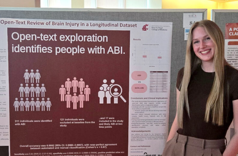 SHS student, Hailey Legenfelder next to her poster at the Showcase for Undergraduate Research and Creative Activities.
