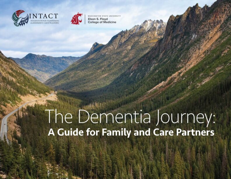 An image of a road winding through a mountain canyon with evergreen trees and exposed rock, which serves as the cover for the resource, The Dementia Journey: A Guide for Family and Care Partners