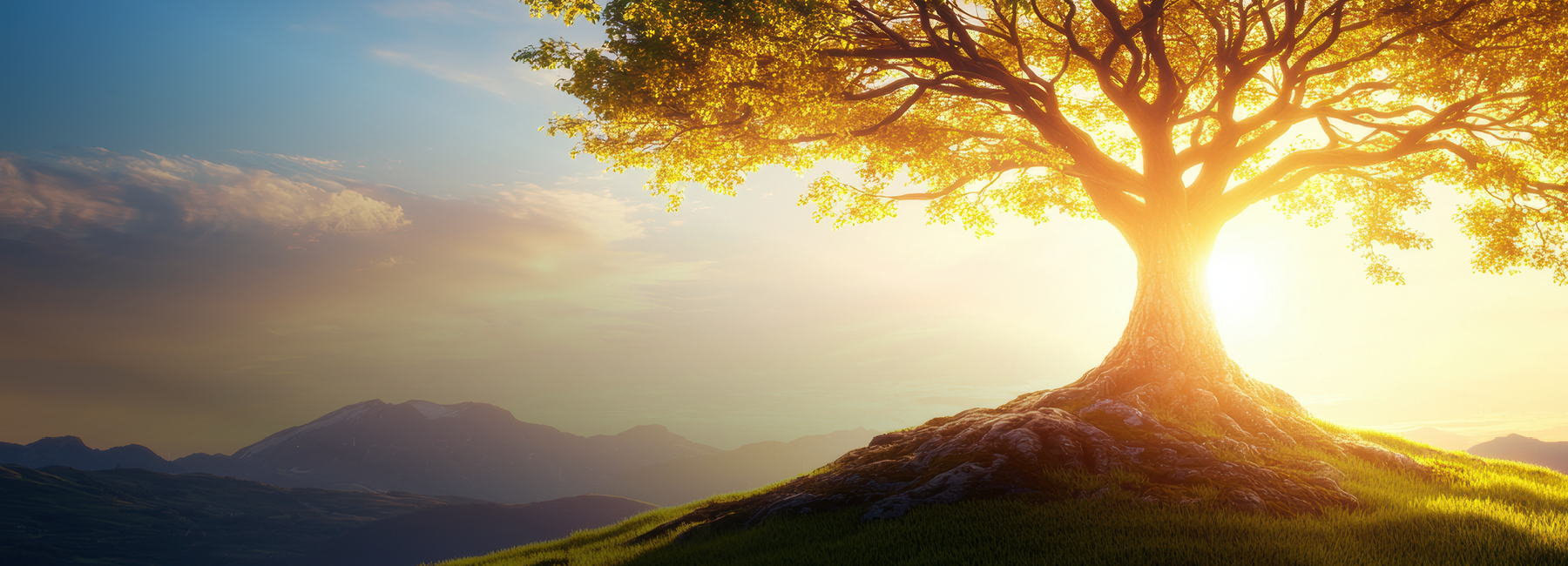Single tree on a hillside overlooking mountains in the background during a sunset.