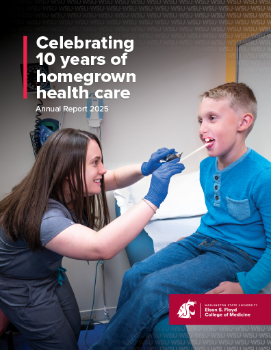 Annual Report Cover Image of Resident looking in the mouth of a child with a tongue depressor.