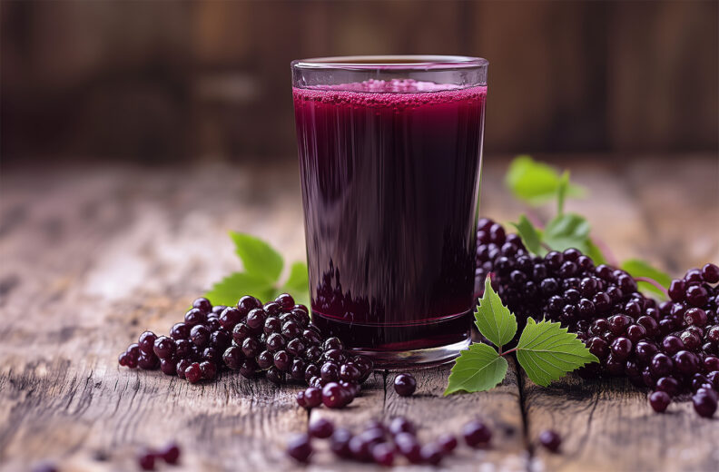 Elderberries and a glass of elderberry juice on a wood table.