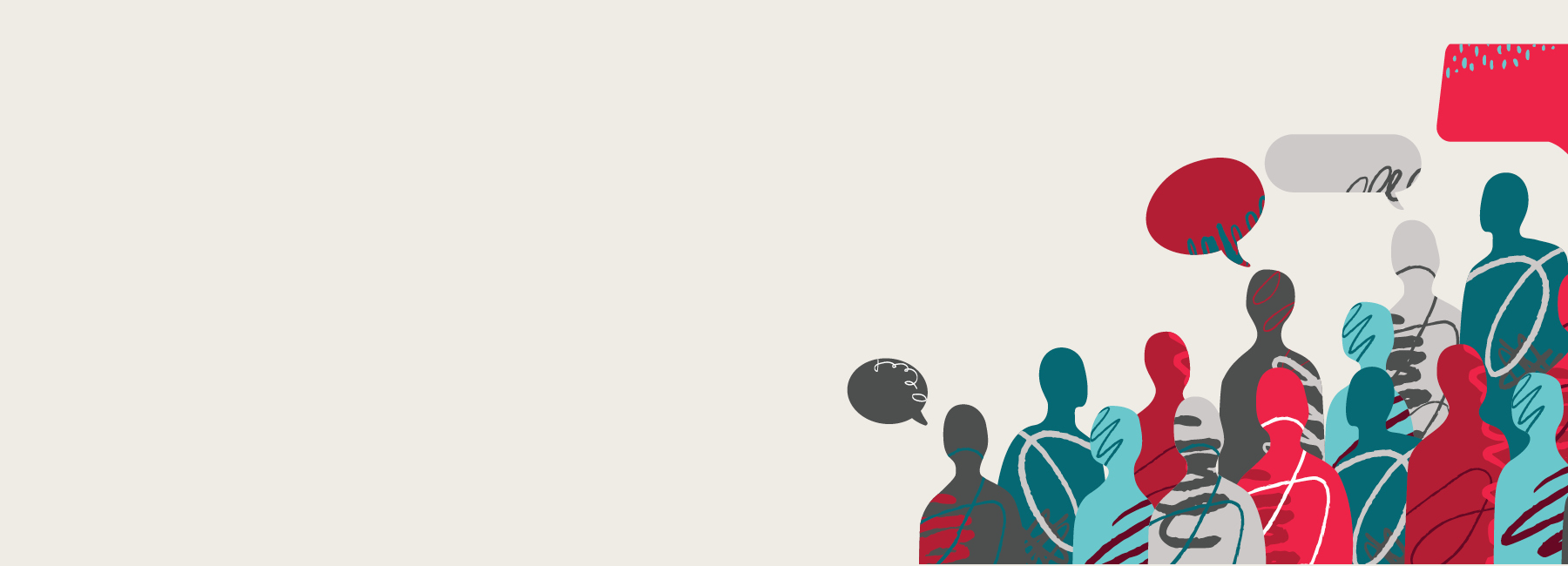Illustration of a group of people with speech bubbles over them.