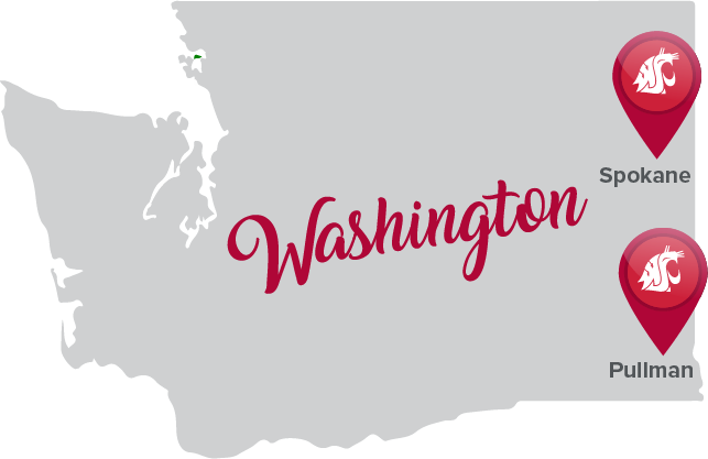 Map of Washington highlighting the Spokane and Pullman campus locations. 