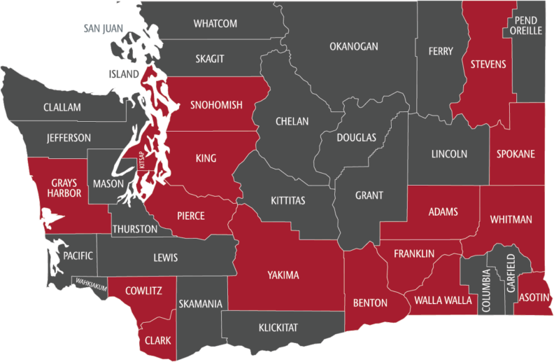 Map of Washington State, 17 counties highlighted