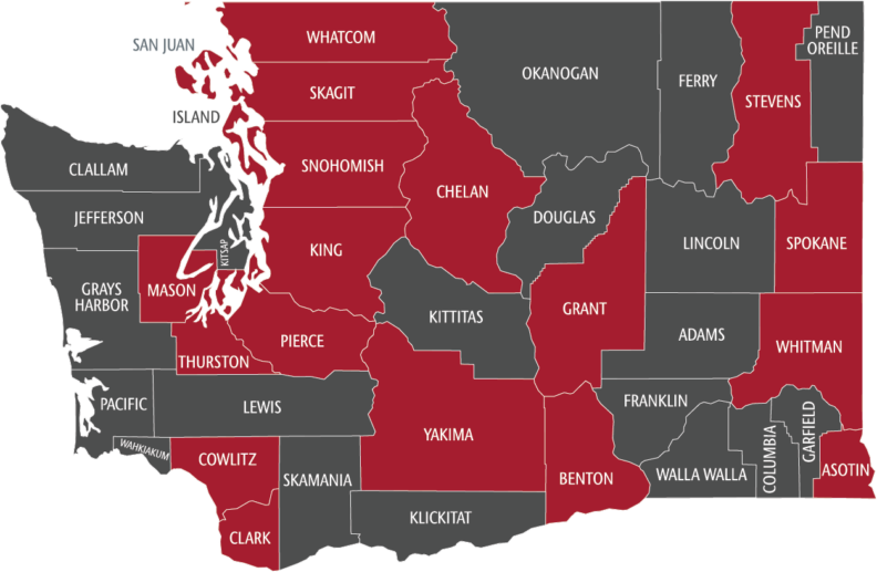 Map of Washington State, highlighting the 19 counties that students are from