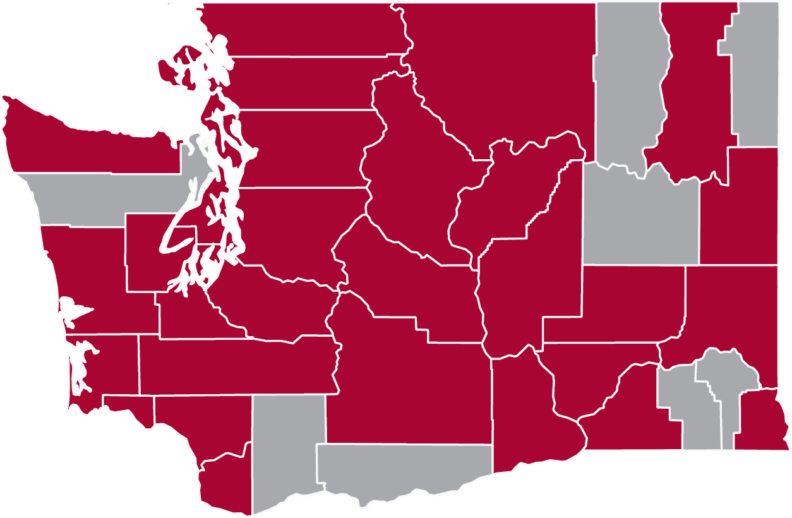 Map of Washington State with the 31 counties highlighted of where students are from.