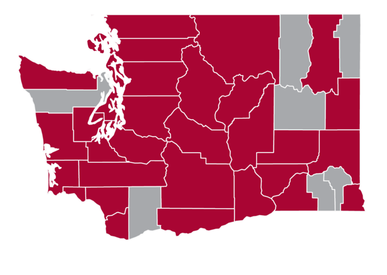 Map of Washington State with the 32 counties highlighted of where students are from.