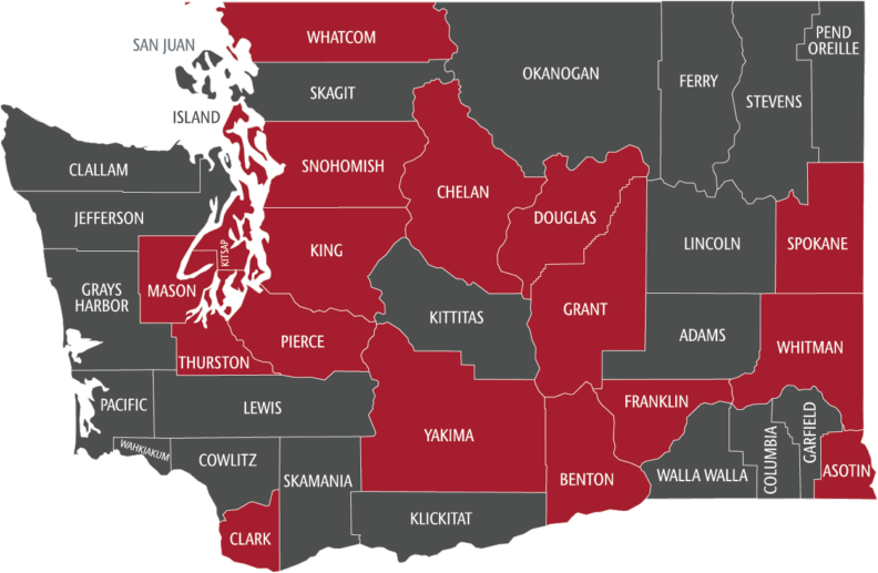 Map of Washington State with 1 counties highlighted. 