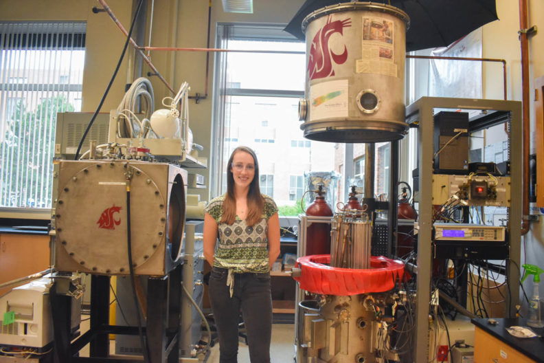 Jordan Raymond, Donna Jung Scholarship Award winner, posing in a lab at WSU.