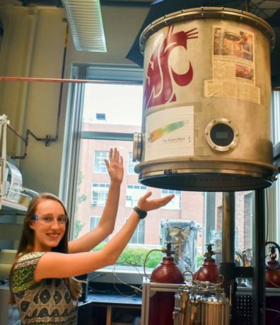 Jordan Raymond, Donna Jung Scholarship Award winner, posing in a lab at WSU.