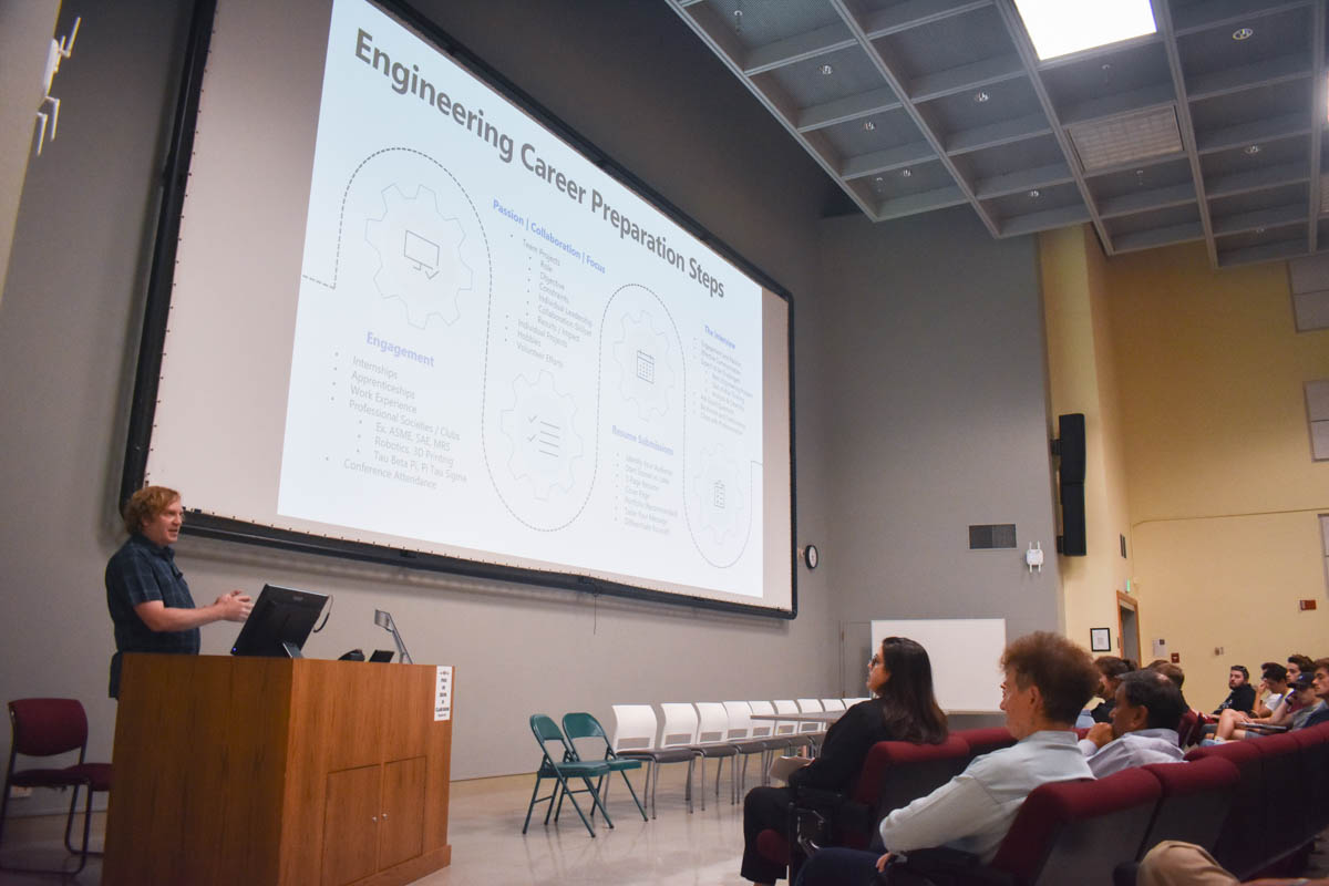 Jason Tripard, Senior Director of Engineering at Microsoft, speaks at the Fall 2019 Mentoring Event on preparing for an engineering career and what Microsoft looks for in interns and employees