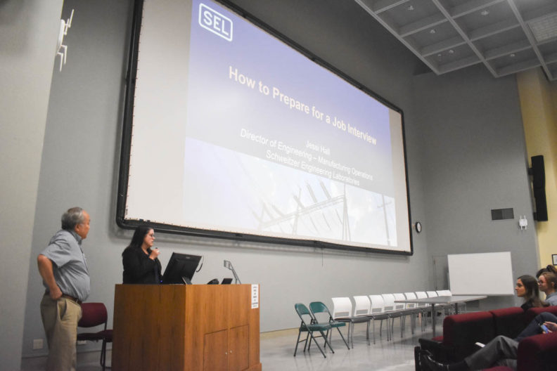 Dr. Jow-Lian Ding and Jessi Hall, Schweitzer Engineering Laboratories Director of Engineering and Manufacturing Ops