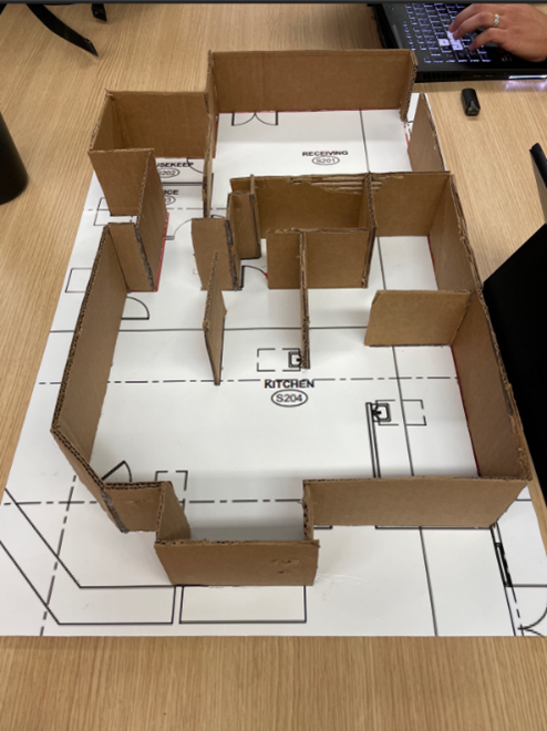 Cardboard mockup of room layout.