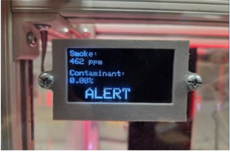 Display panel that reads Smoke: 462 ppm, Contaminant: 0.00%, ALERT.
