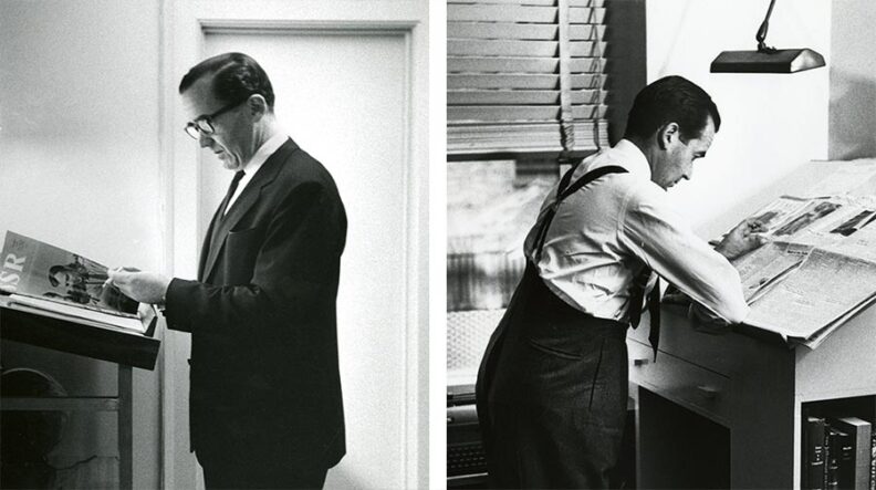 Two images of Edward R. Murrow reading a magazine and a newspaper