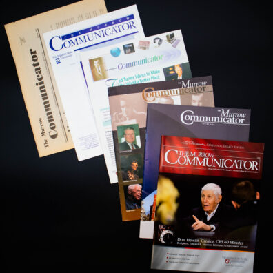 Image of 6 editions of "The Murrow Communicator" spread out in fan shape.