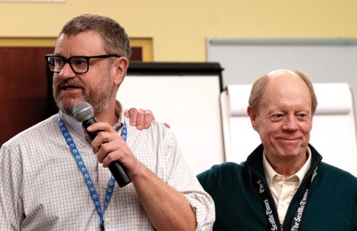(From left): Ryan Blethen with father Frank Blethen (Photo Karen Ducey/The Seattle Times)