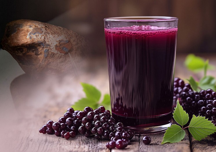 Decorative image, clear glass nearly full of deep purple liquid. Glass is surrounded by berries and stems.