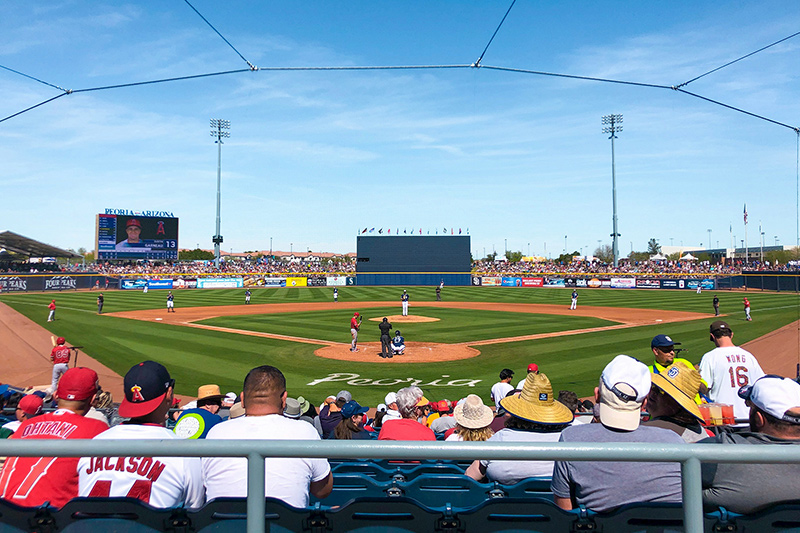 An audience in the bleachers watches a baseball game