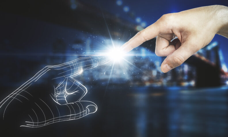 AI hand and real hand touching each other's index finger
