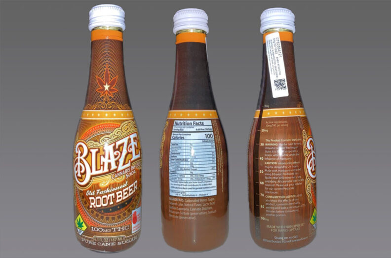 Three views of a brown glass bottle of Blaze Cannabis-Infused Root Beer displayed against a gray background. The image shows the front, back, and side of the bottle, featuring ornate orange-and-gold branding, a white cap, nutrition facts, warning information, and cannabis product labeling.