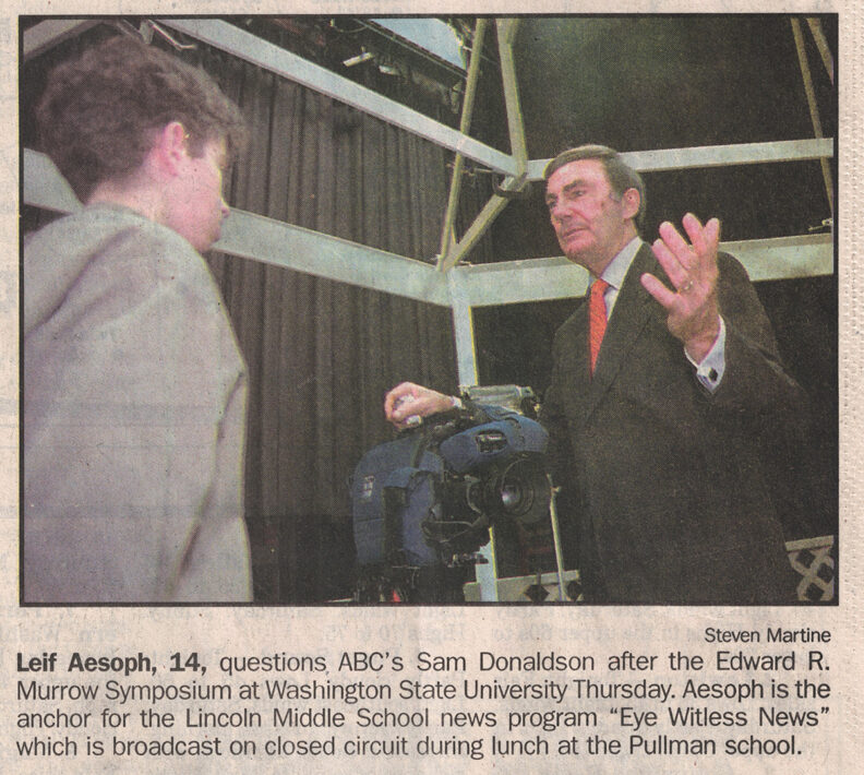 Scan of an article with Sam Donaldson with a Middle School Student