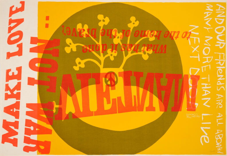 colorful screen print in yellows and oranges by artist Corita Kent